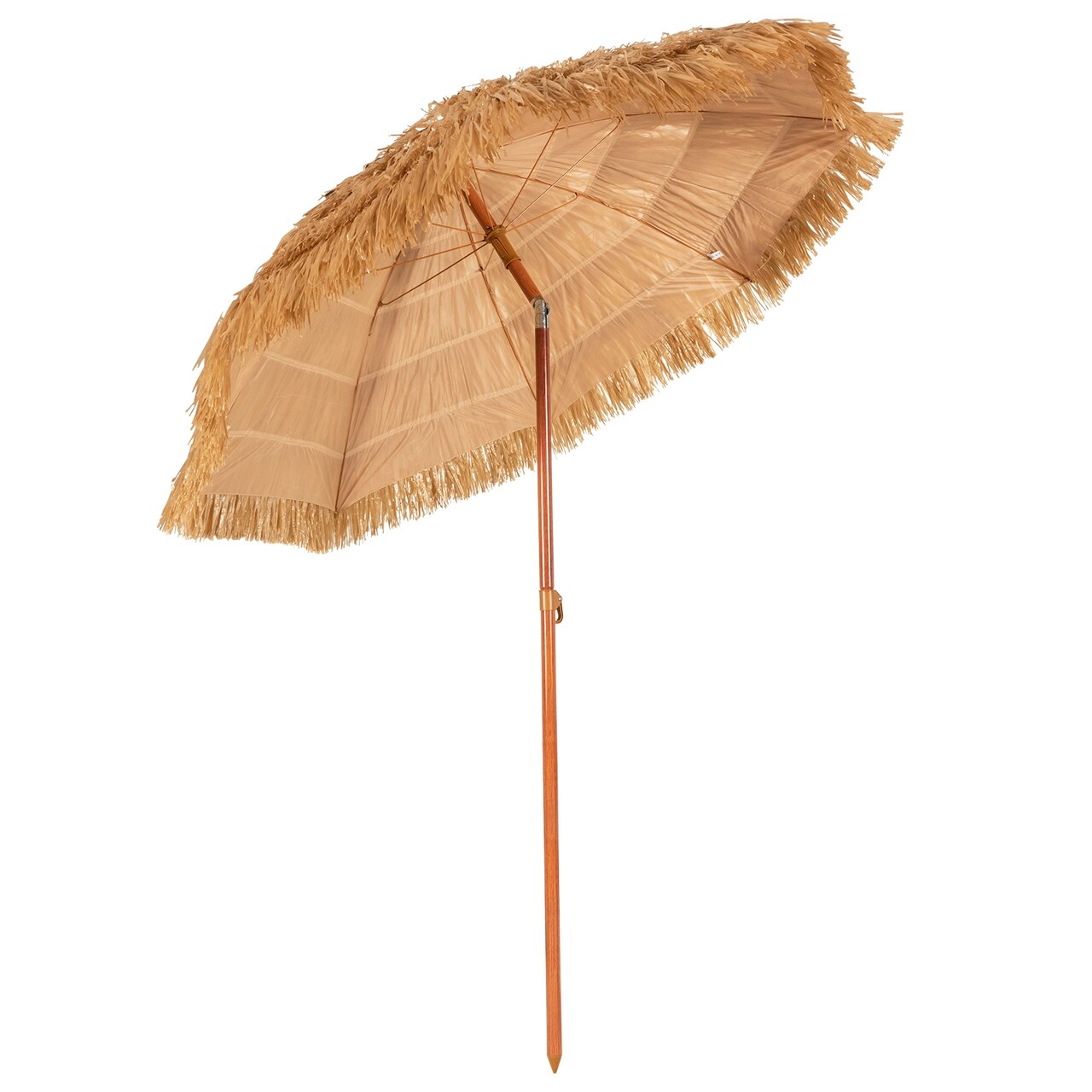 6.5 ft Khaki Tiki Beach Umbrella Adjustable Tilt 8 Ribs Durable Frame